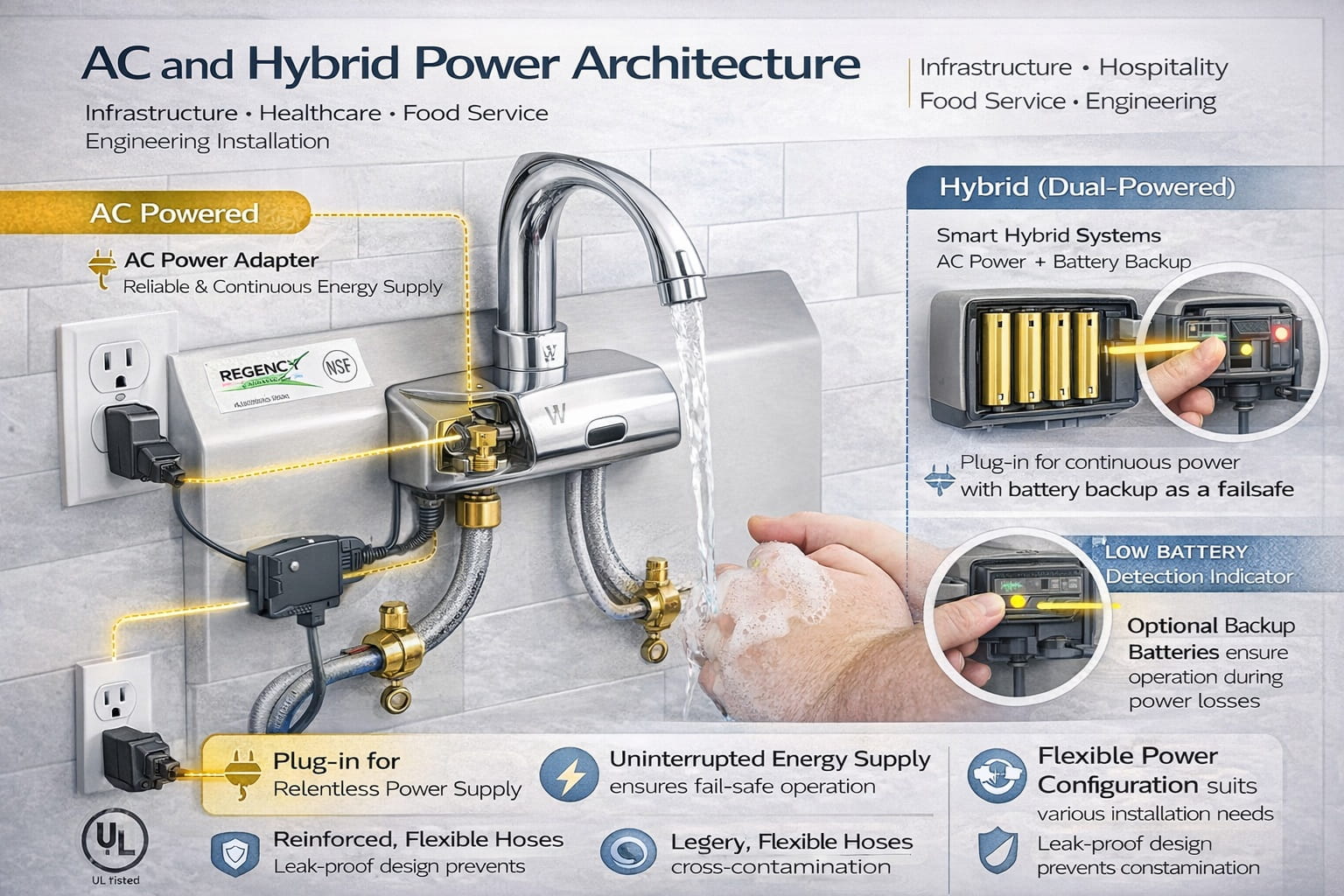Hardwired AC powered touchless faucet transformer electrical infrastructure engineering installation