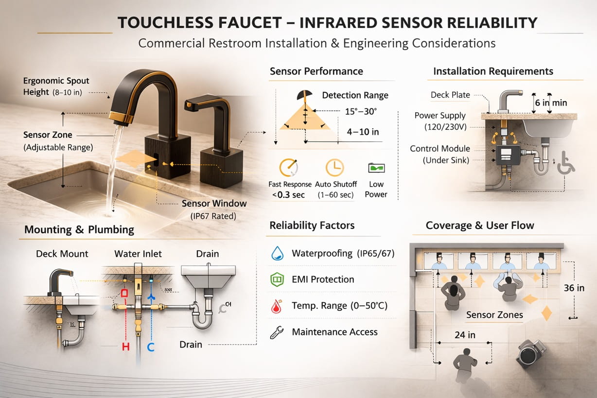 Architectural touchless faucet infrared sensor reliability commercial restroom installation engineering