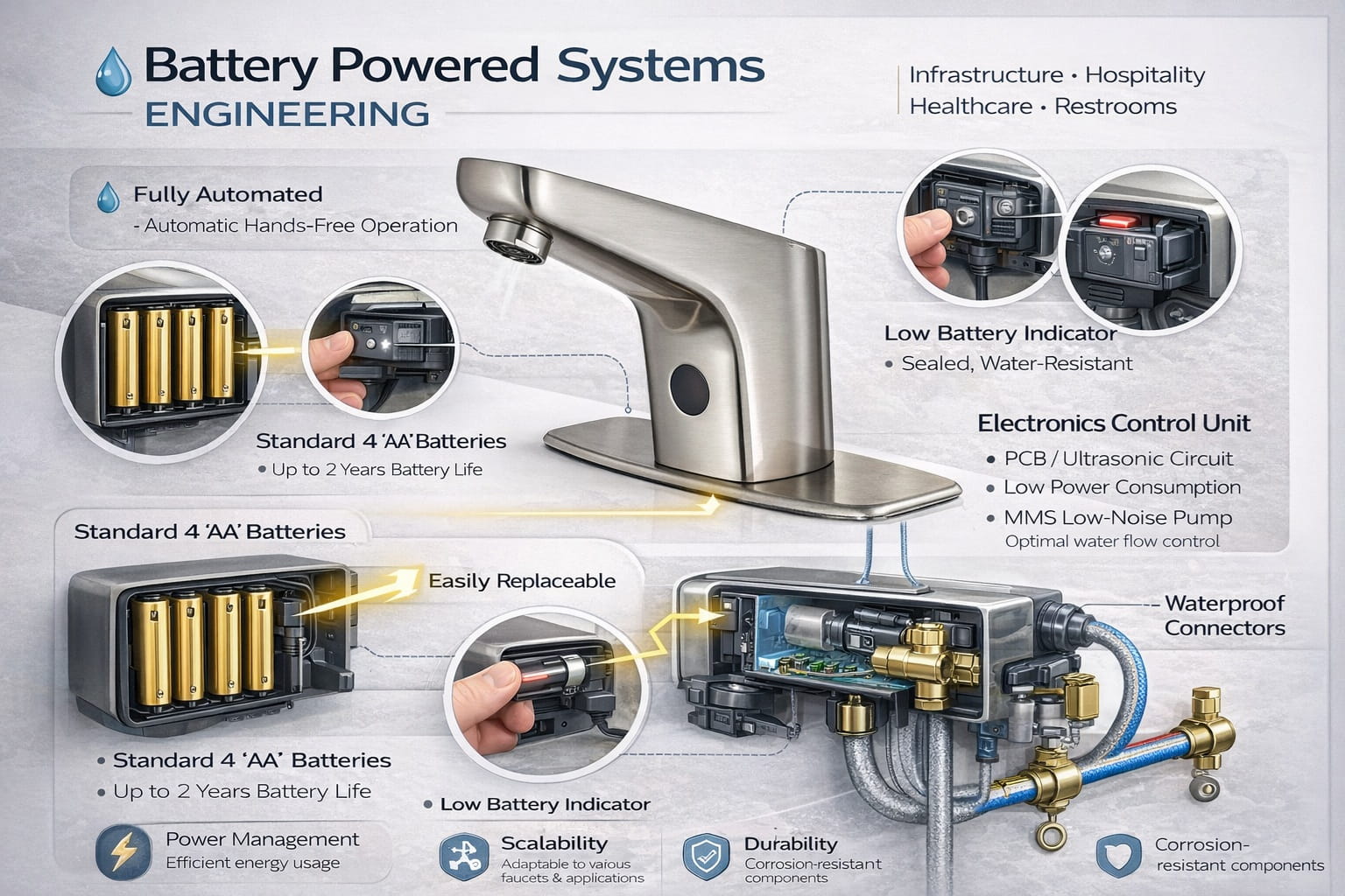 Touchless faucet battery powered control module lithium battery plumbing engineering system