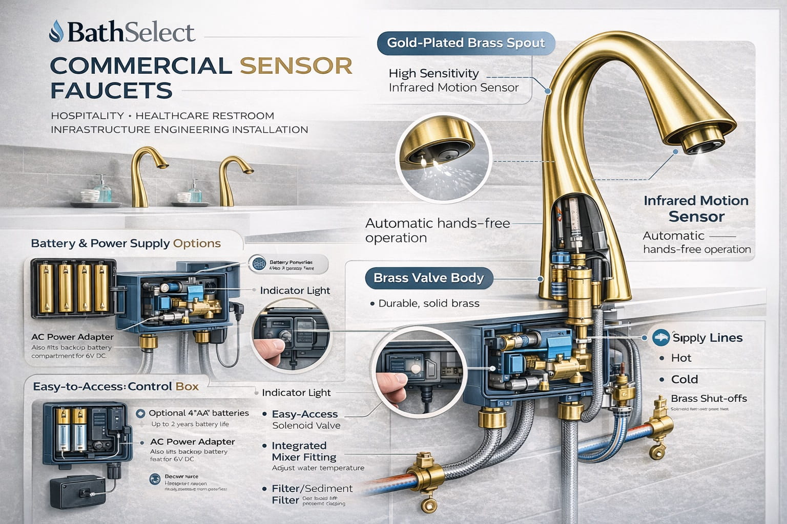 BathSelect commercial sensor faucet hospitality healthcare restroom infrastructure engineering installation