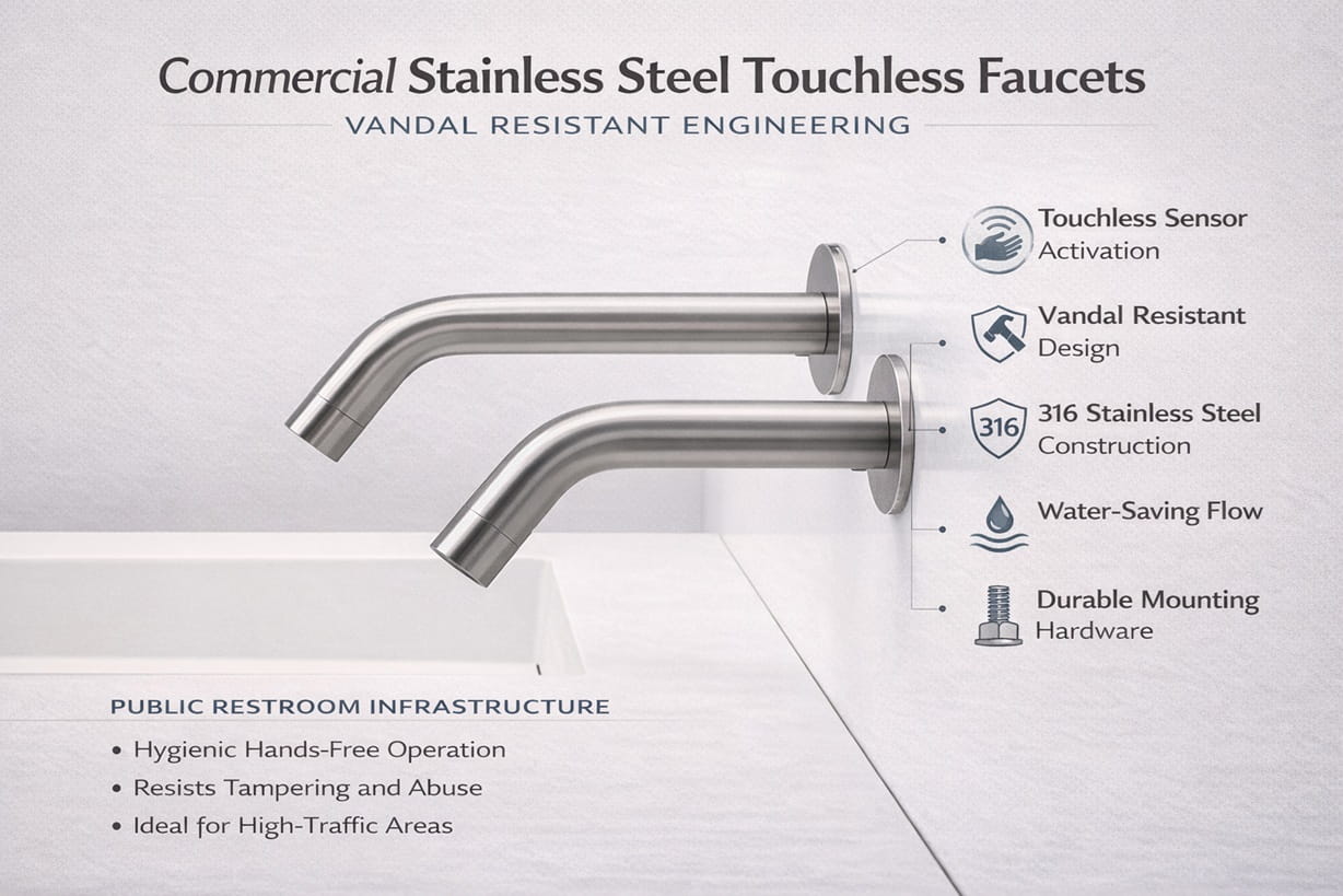 Commercial stainless steel touchless faucet vandal resistant engineering public restroom infrastructure