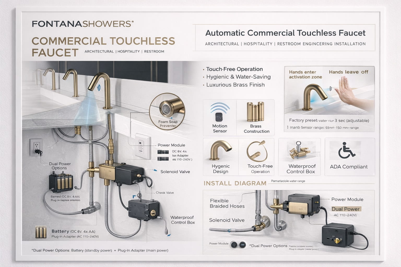 FontanaShowers commercial touchless faucet architectural hospitality restroom engineering installation