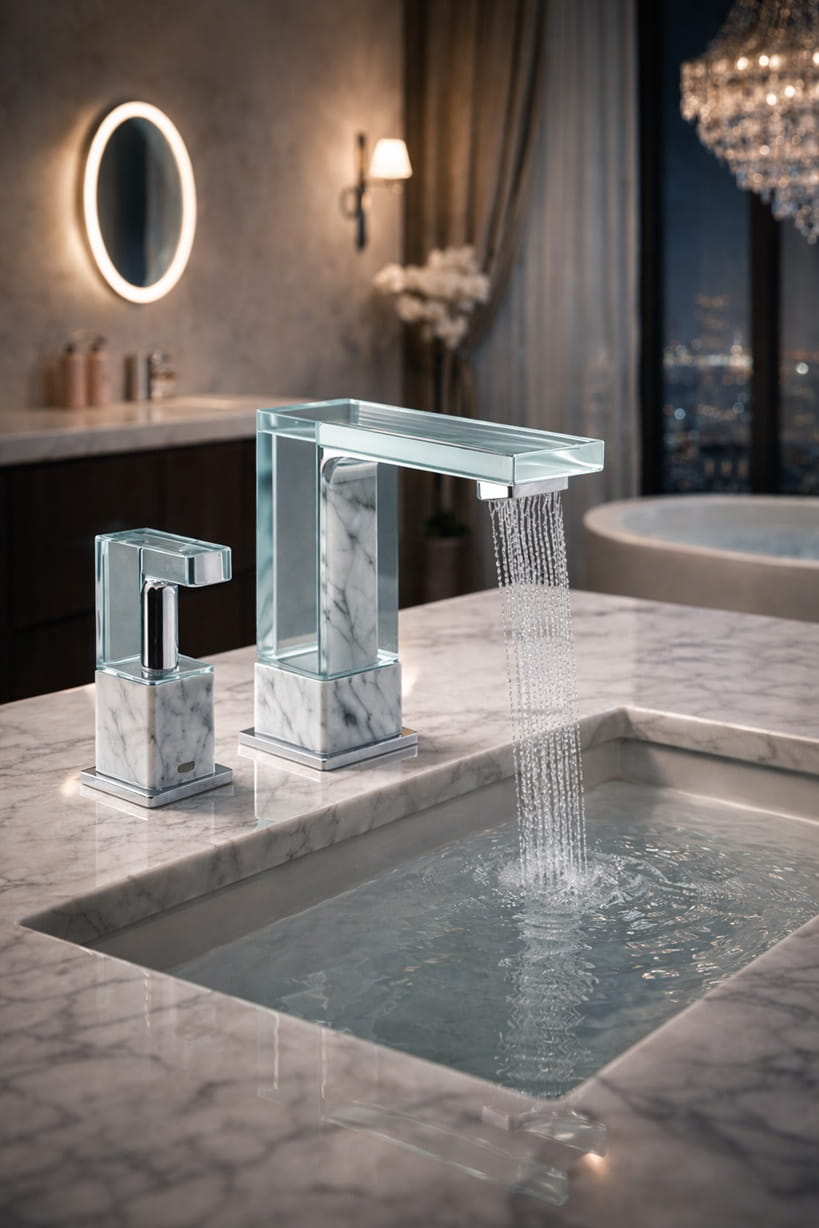 Touchless bathroom faucet infrared sensor activation modern commercial restroom engineering design stainless steel fixture