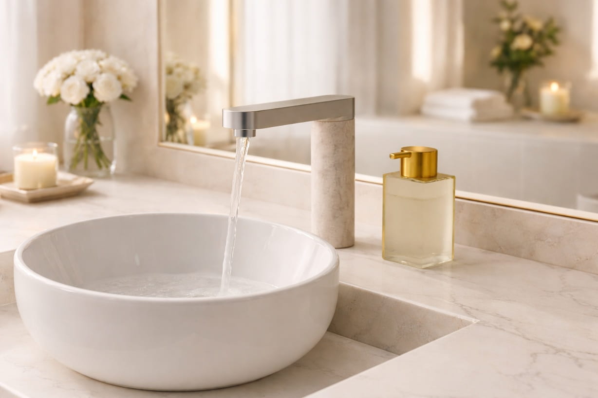 Touchless bathroom faucet infrared sensor technology installed in commercial infrastructure environment showing engineering integration