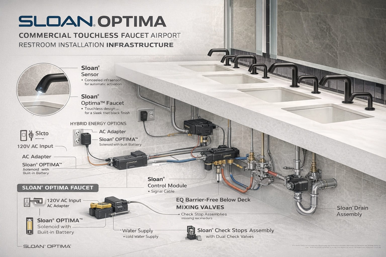 Sloan Optima commercial touchless faucet airport restroom installation infrastructure engineering