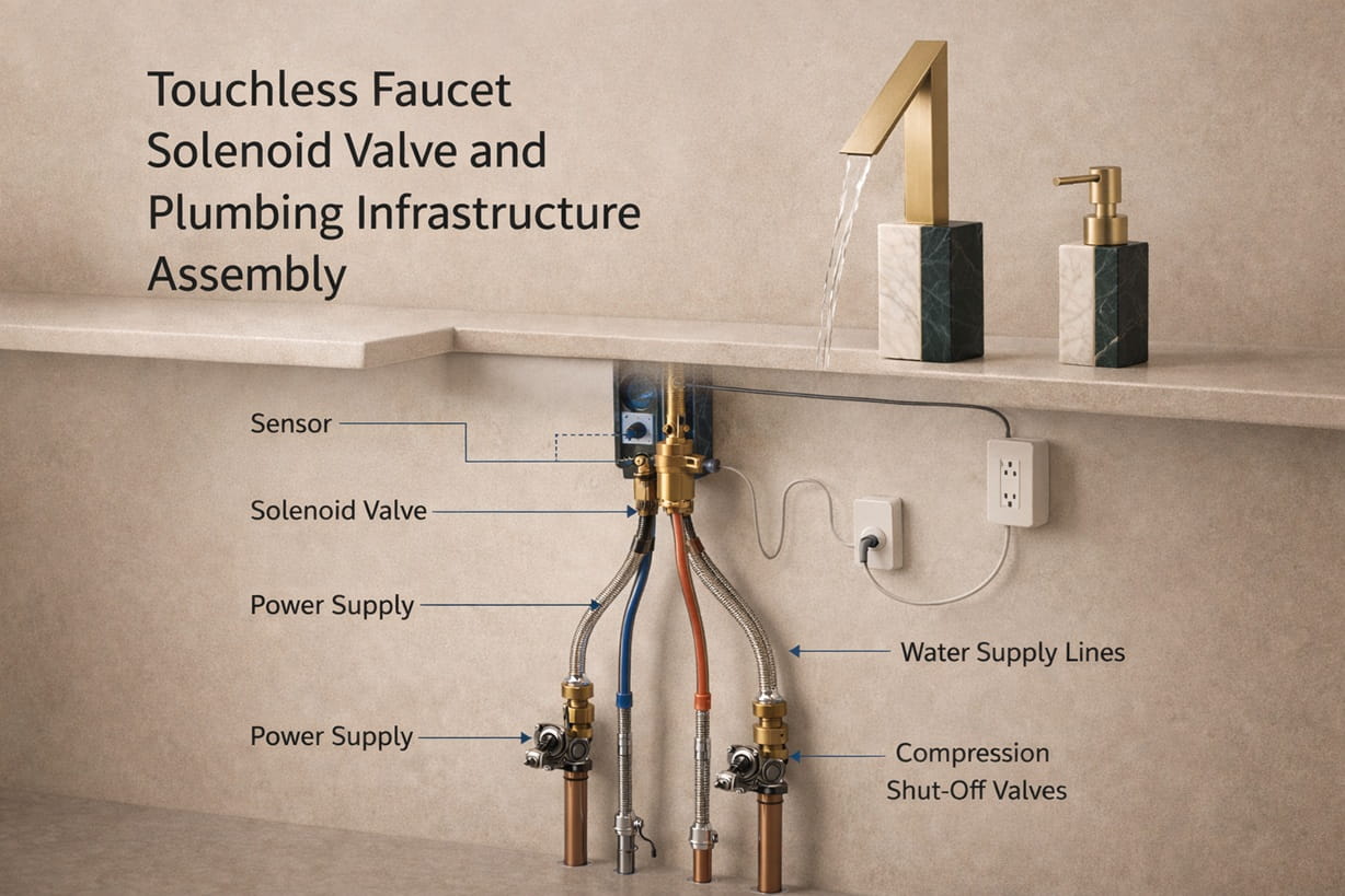 Touchless faucet solenoid valve and plumbing infrastructure engineering assembly