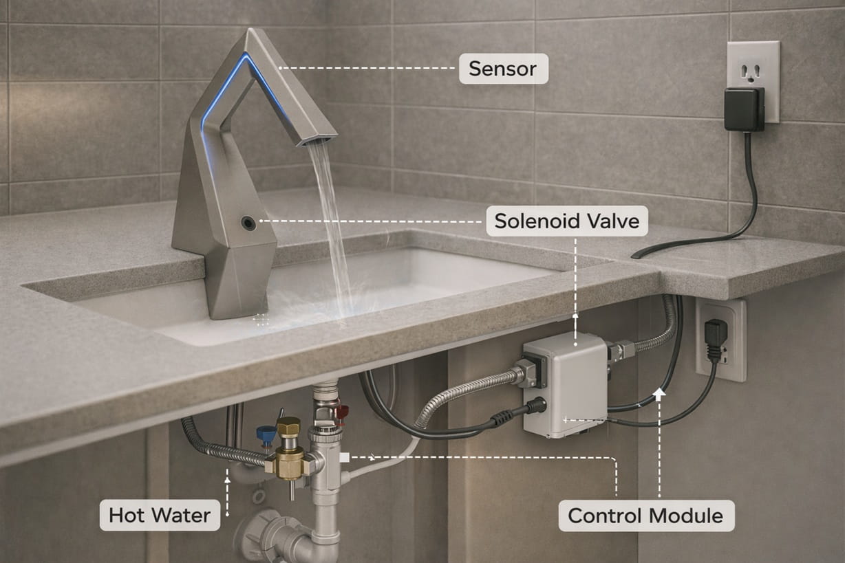 Touchless faucet plumbing infrastructure engineering schematic showing sensor, solenoid valve, and control module