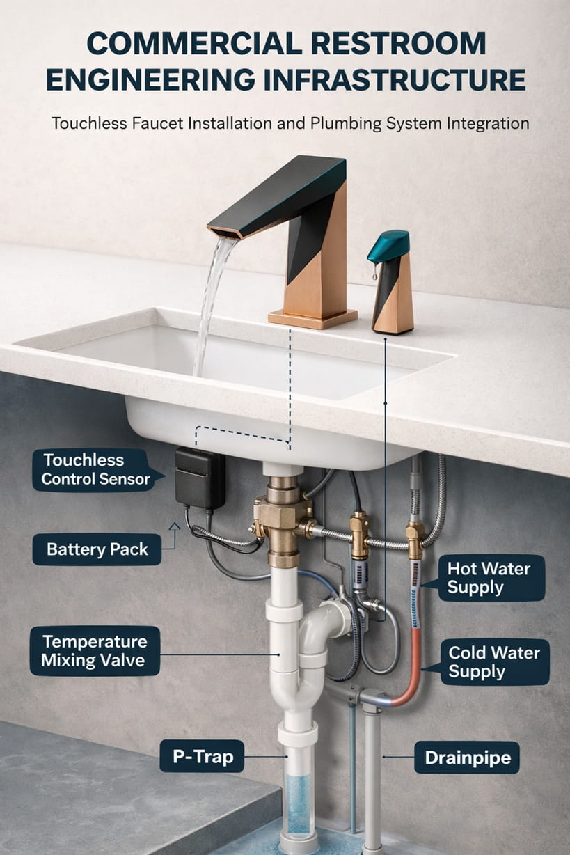 Commercial restroom engineering infrastructure showing touchless faucet installation and plumbing system integration