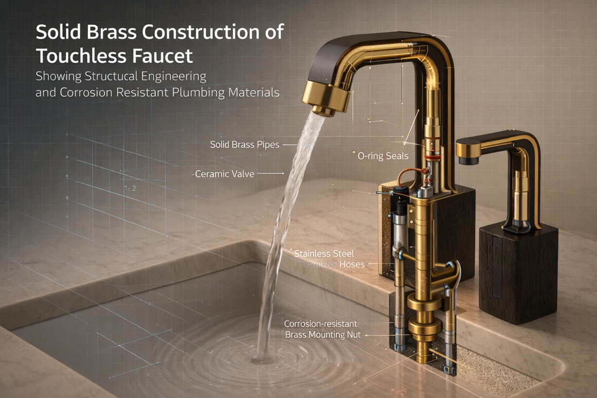 Solid brass construction of touchless faucet showing structural engineering and corrosion resistant plumbing materials