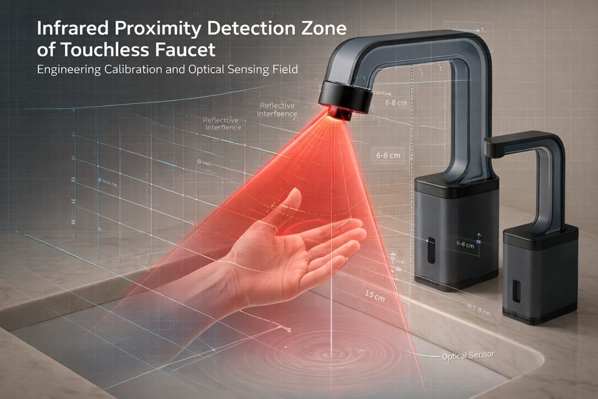 Infrared proximity detection zone of touchless faucet showing engineering calibration and optical sensing field