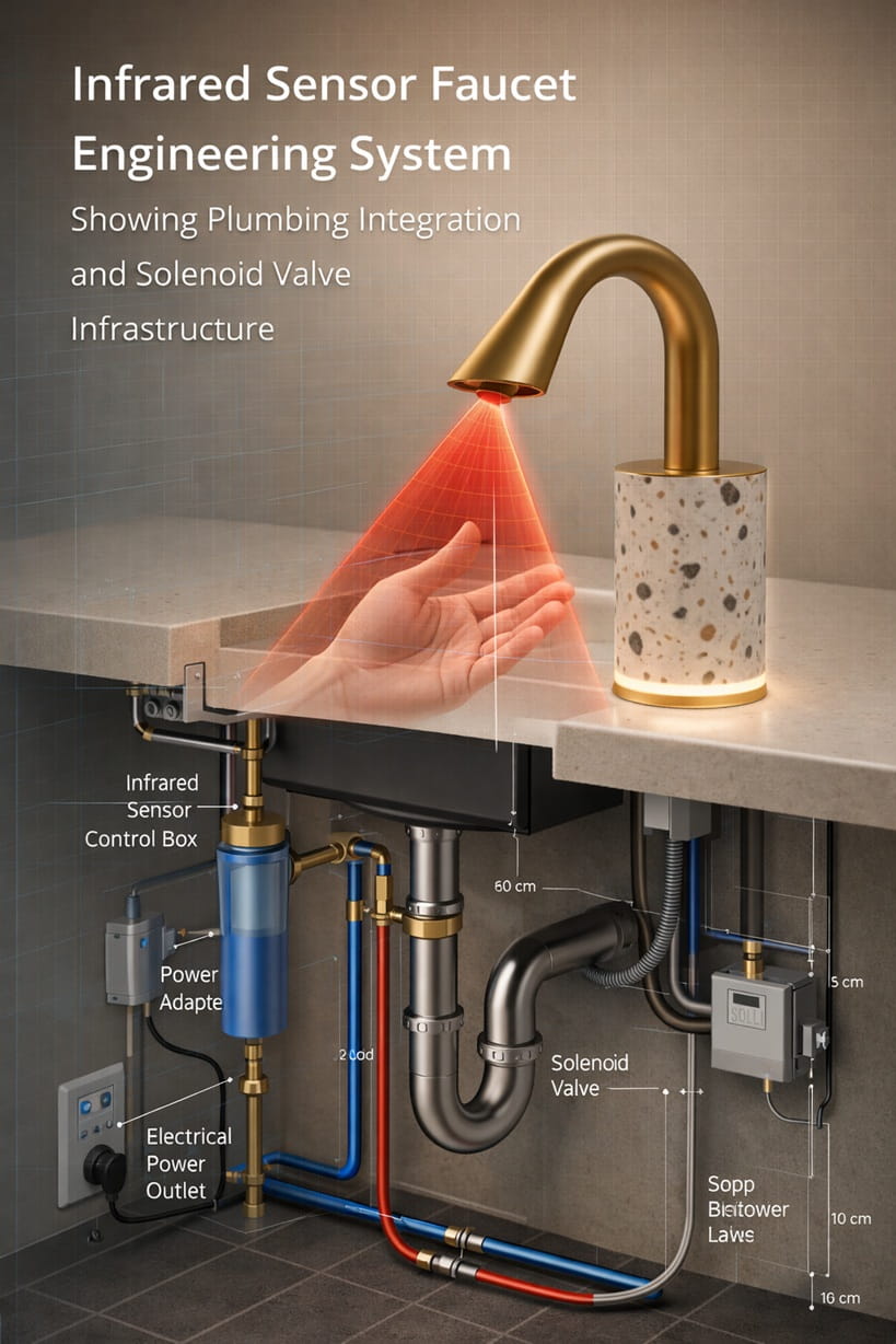 Infrared sensor faucet engineering system showing plumbing integration and solenoid valve infrastructure