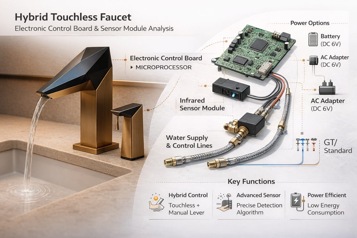 Hybrid touchless faucet electronic control board sensor module residential commercial engineering analysis