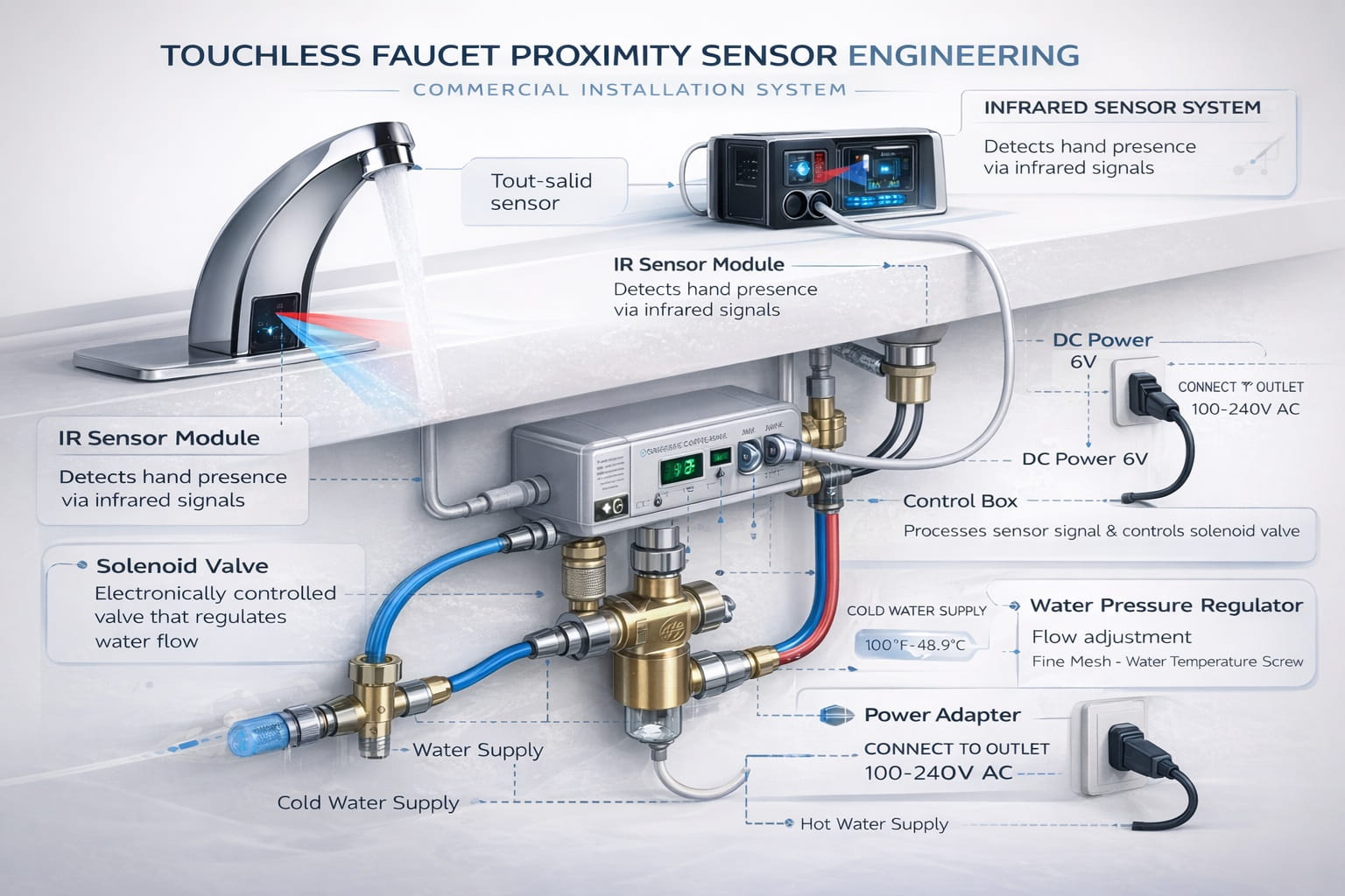 Delta Touch2O.xt touchless faucet proximity sensor engineering commercial installation system