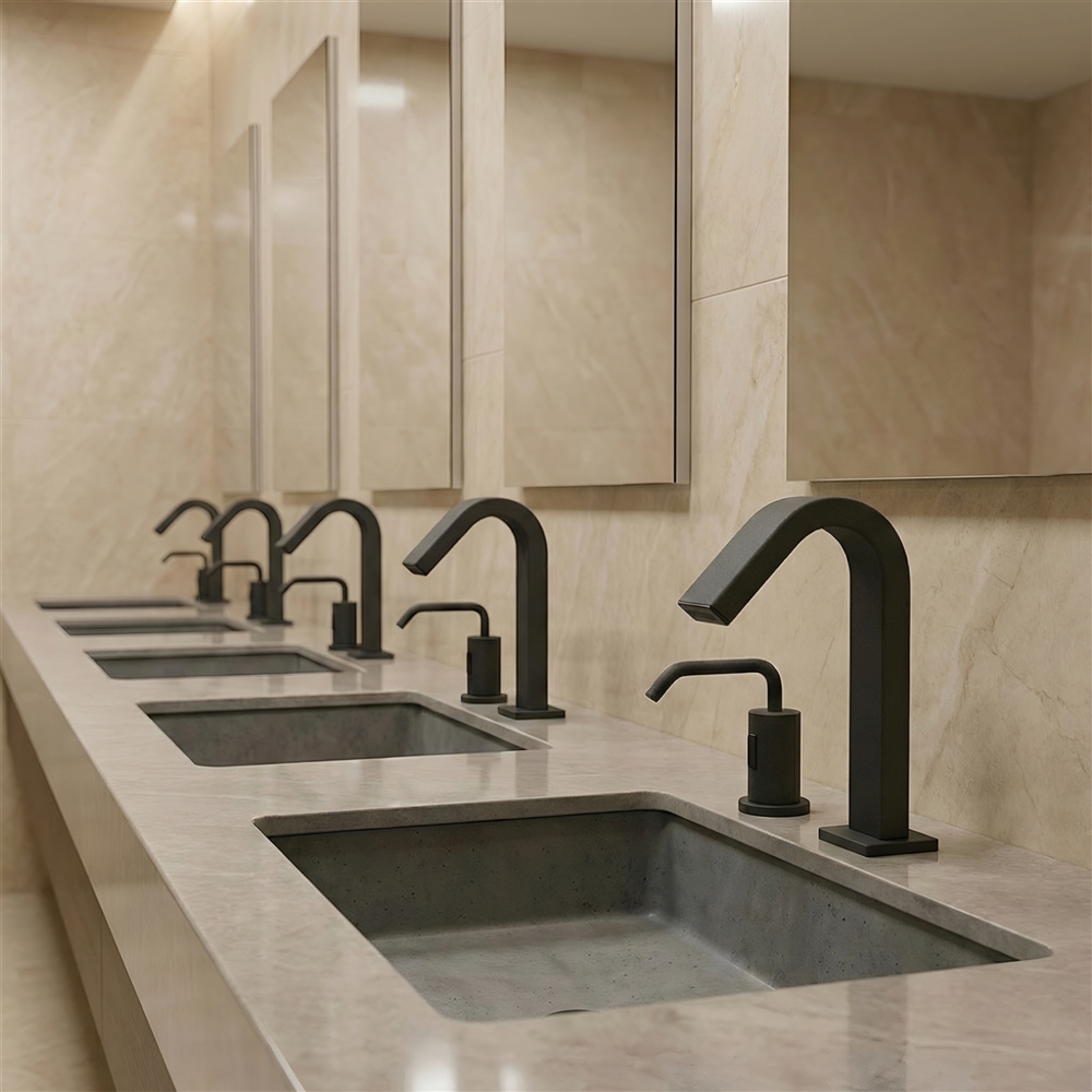 Maintenance technician inspecting a hospital touchless faucet sensor and water outlet