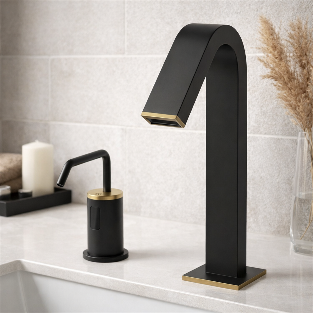 Touchless faucet installation in a high-traffic airport restroom with modern commercial sink stations