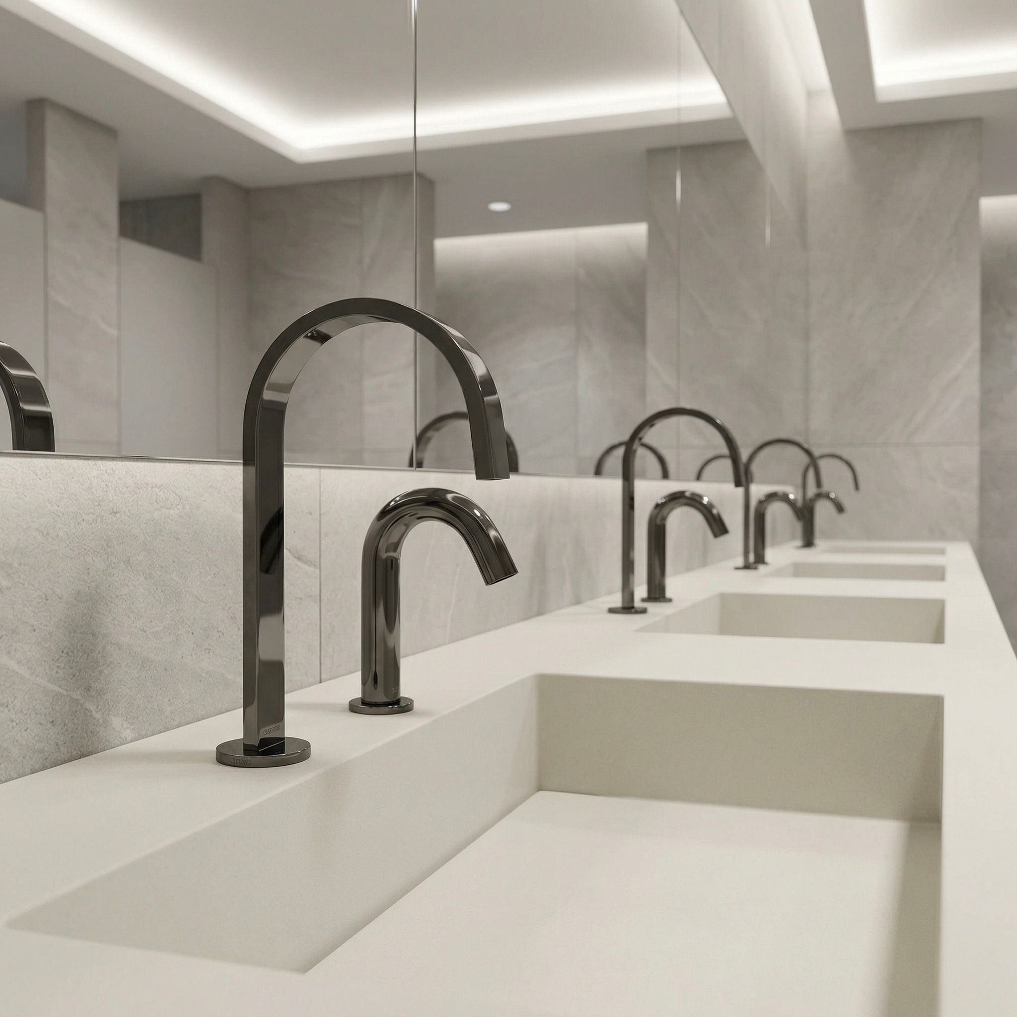 Fontana matte black hands-free faucet for modern public restroom interiors