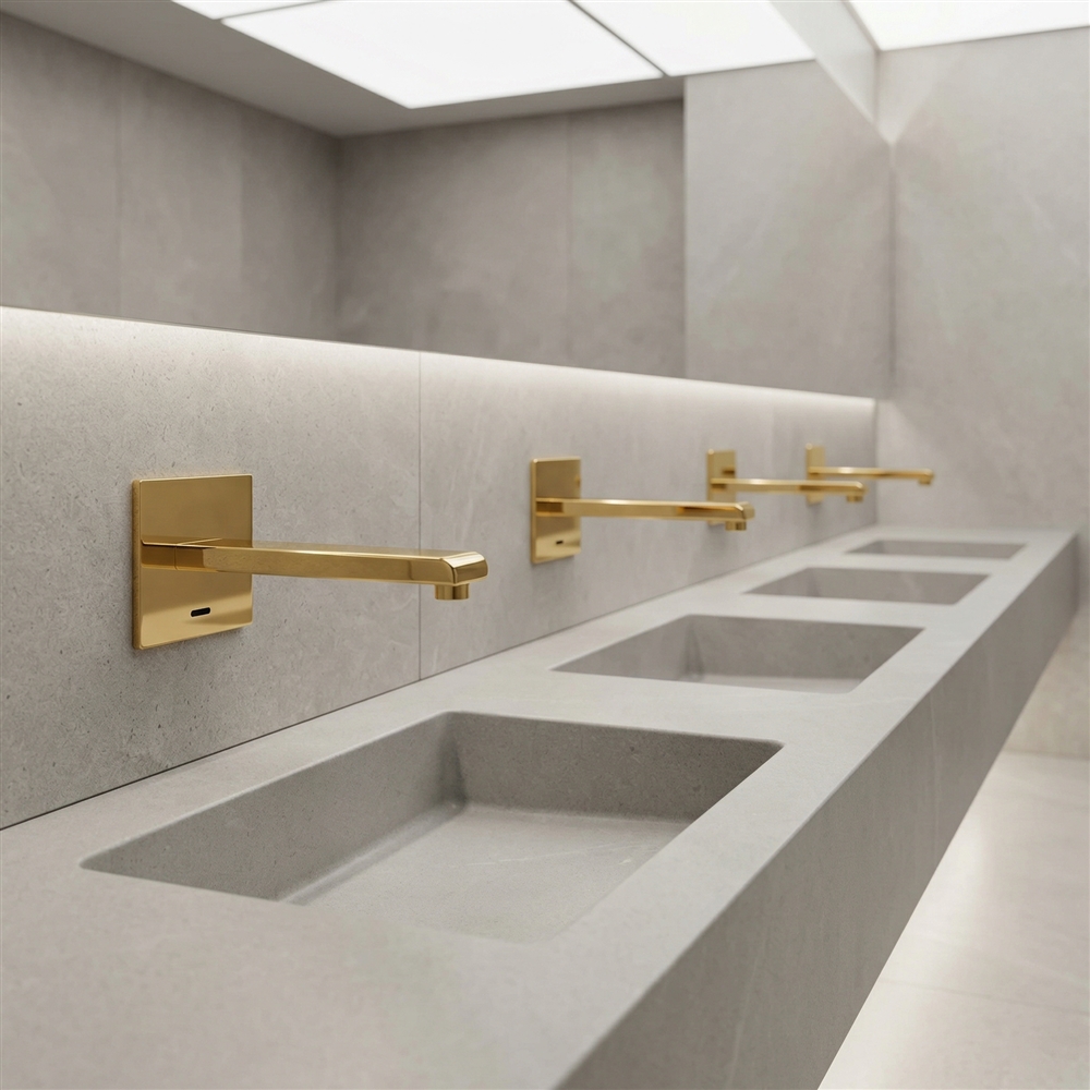 Modern hospital handwashing station with commercial touchless faucet and clean blue-accent healthcare design