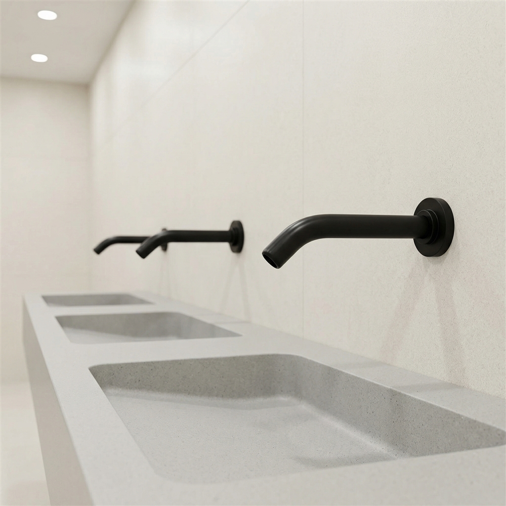 Clinician washing hands at a touch-free faucet in a healthcare restroom