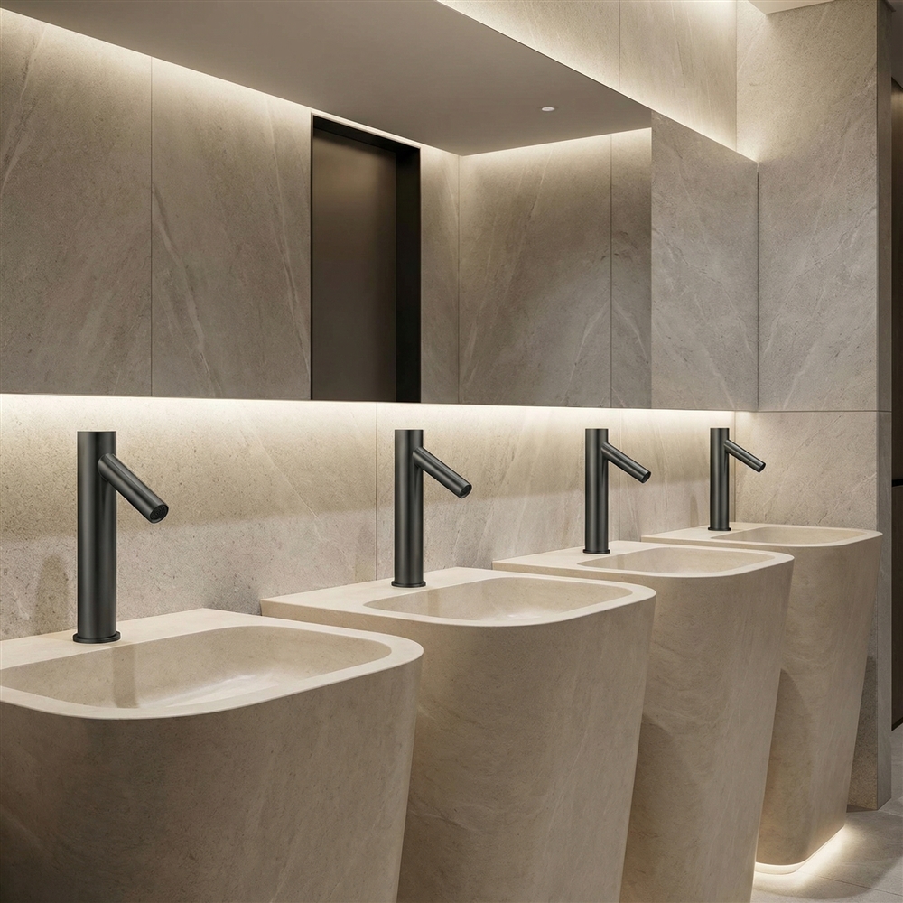 Blueprint and BIM model view for healthcare restroom touchless faucet specification