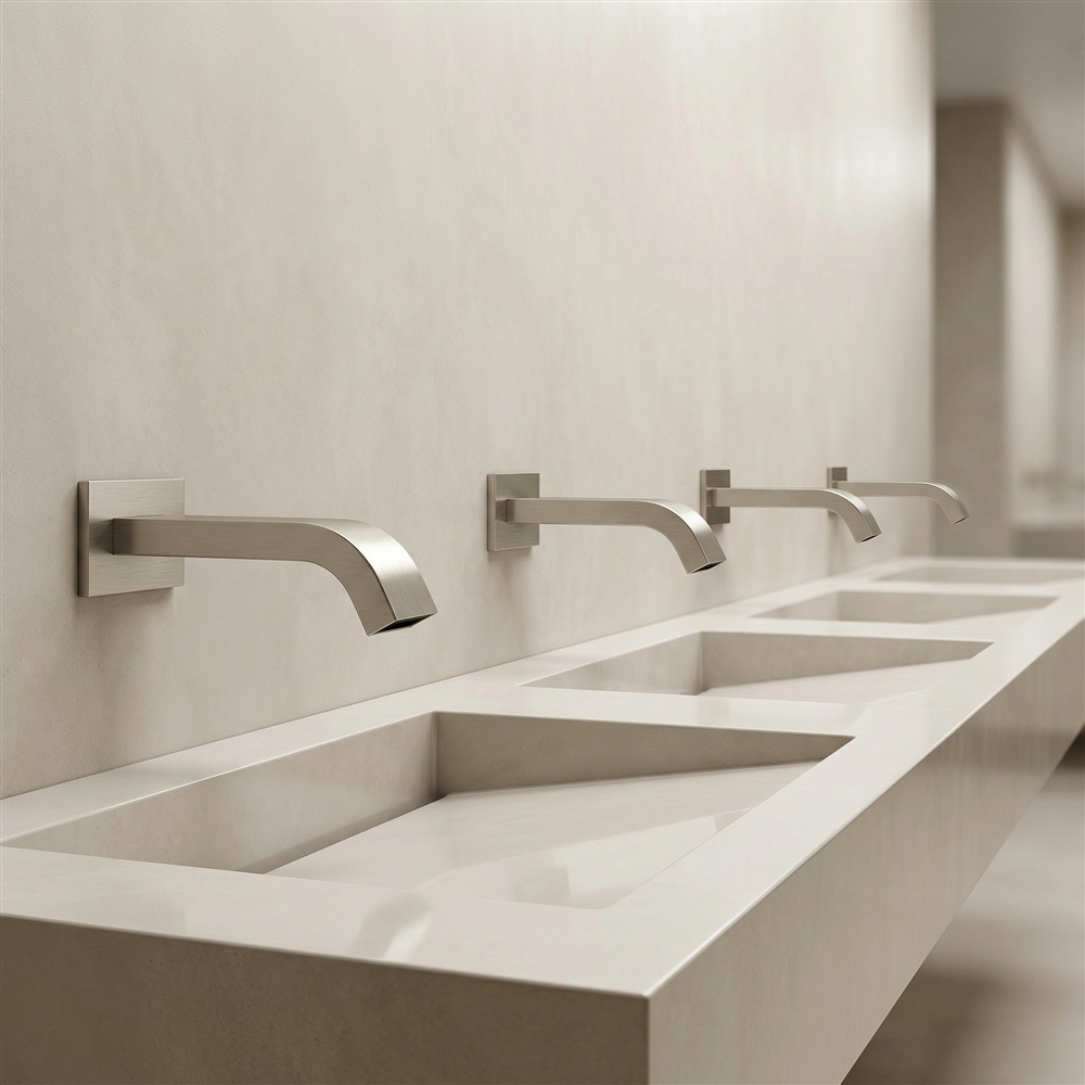 Facility manager reviewing auto-purge touchless faucet settings on a commercial restroom project