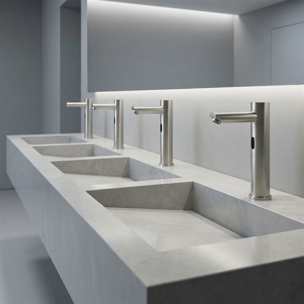 Antique brass automatic faucet for architectural healthcare restroom planning and specification