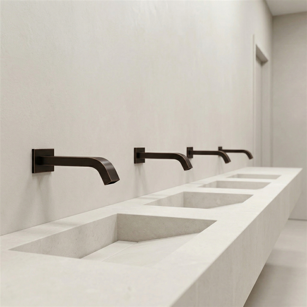 Matte black hands-free faucet for modern healthcare public restroom and facility design