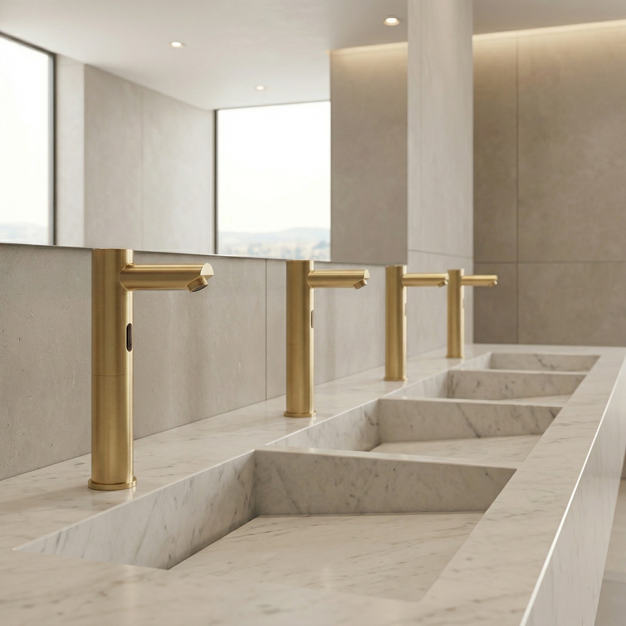 Modern single hole bathroom faucet centered above a clean contemporary vanity basin