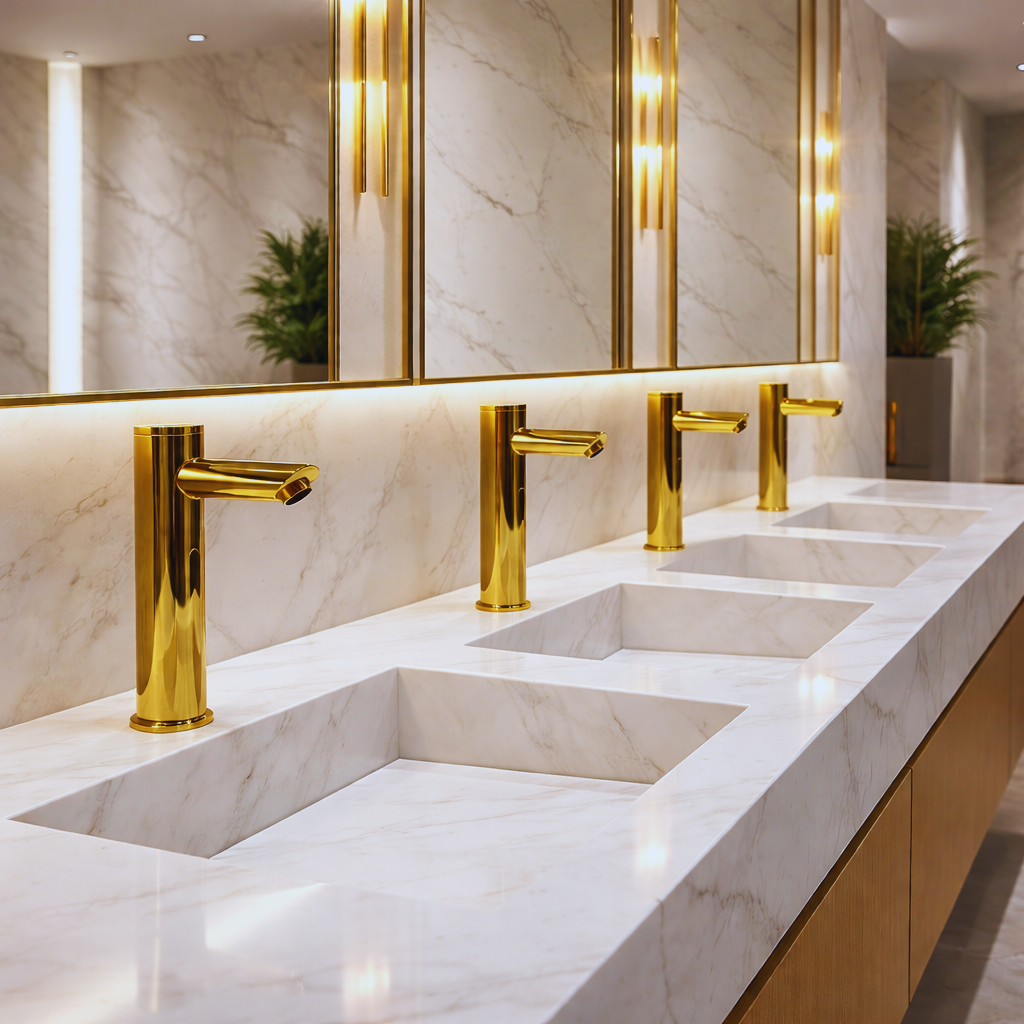 Gold tone single hole bathroom faucet paired with a modern vanity for a clean luxury finish