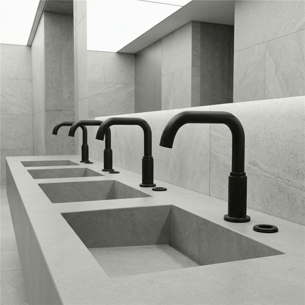 Engineer reviewing touchless faucet specification sheets and infrastructure procurement documents