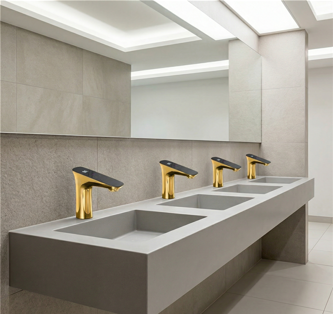 Fontana polished gold hands-free sensor faucet for architectural public washroom interiors