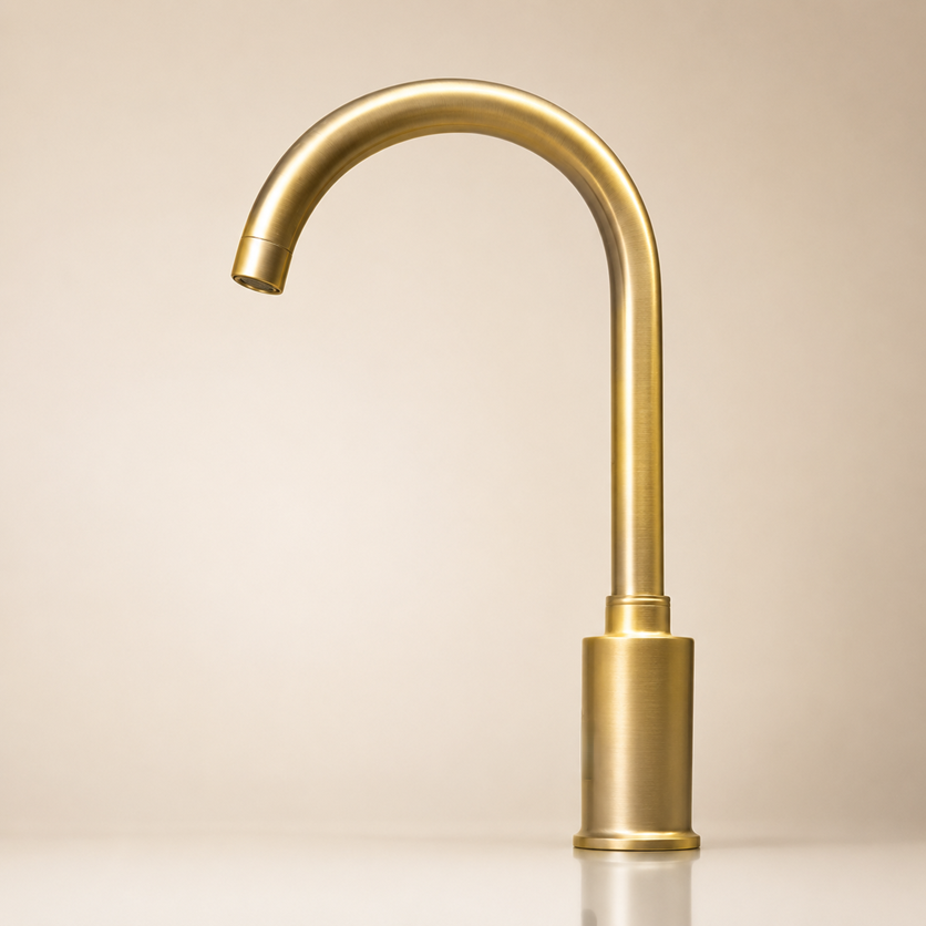 Fontana brushed gold touchless faucet system for upscale commercial bathroom design