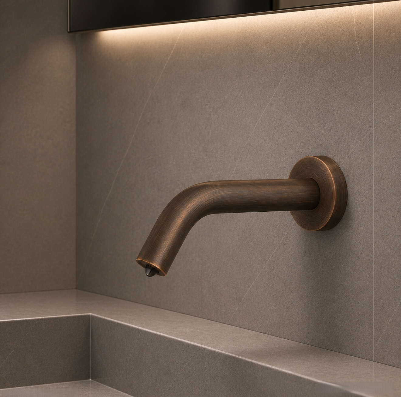 Public restroom sink bank in a healthcare or government building with sensor-based faucets