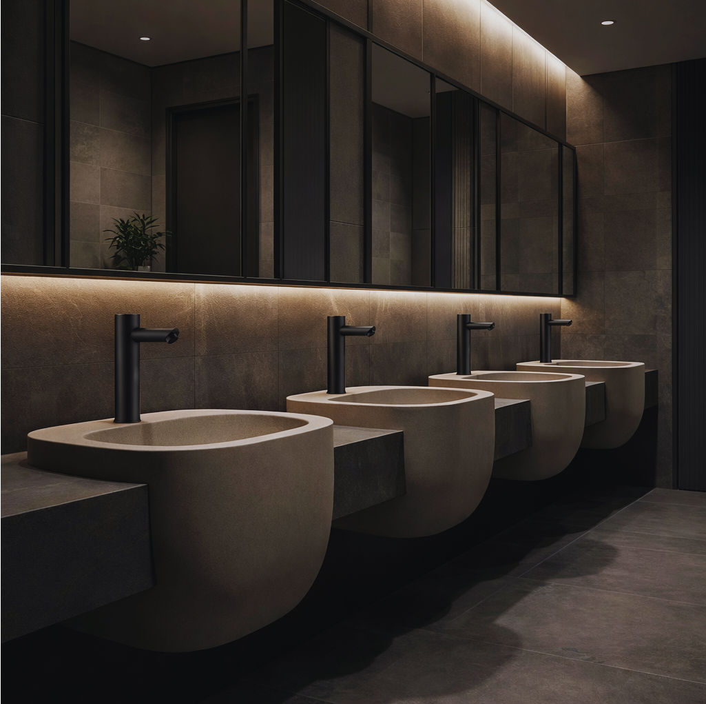 Facilities maintenance team inspecting commercial touchless restroom fixtures in a transit hub