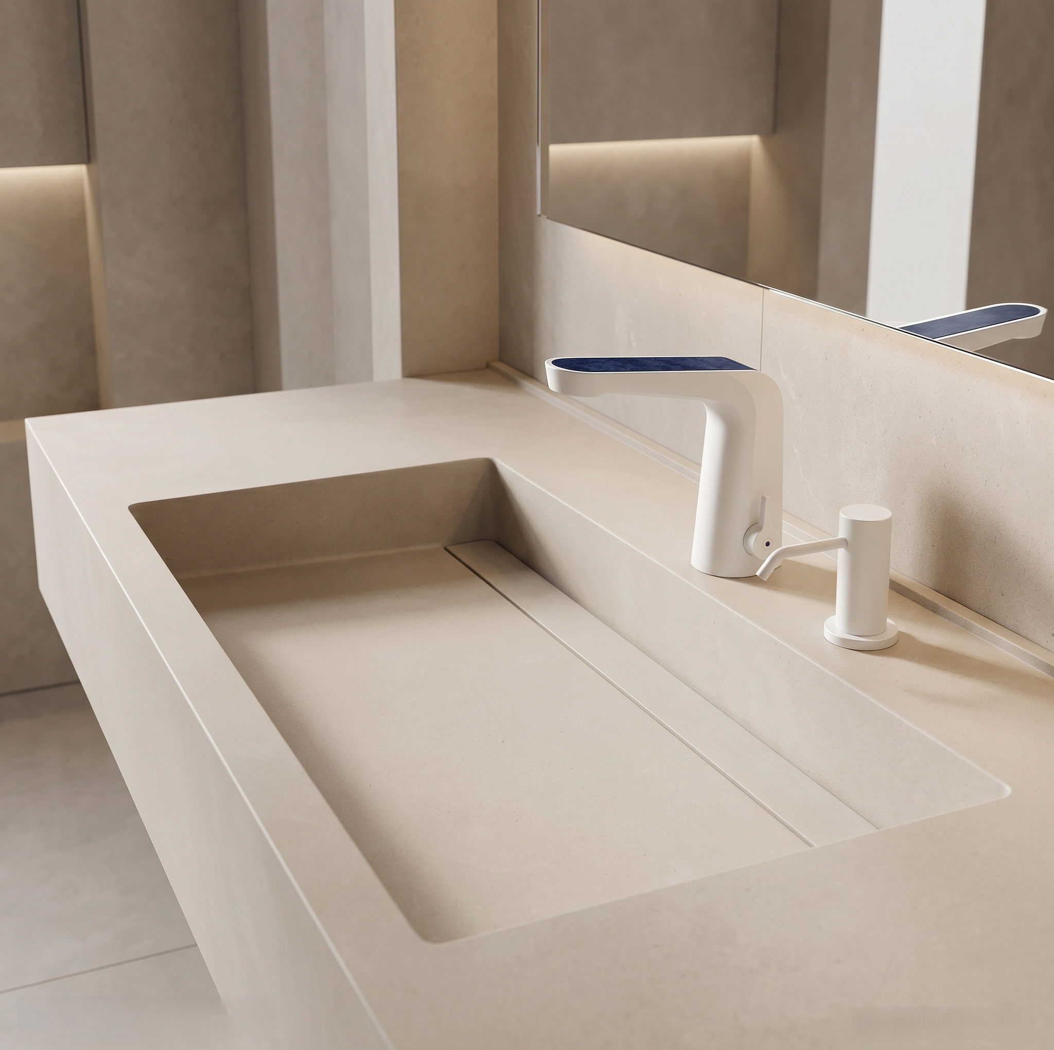 Brushed metal single hole vanity faucet selected for a streamlined modern bathroom countertop